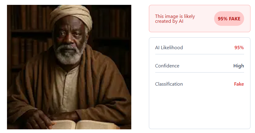 An Amazon author portrait of a robed man holding an open book, beside an AI-detection tool reporting a 95 percent likelihood that the image was AI-generated