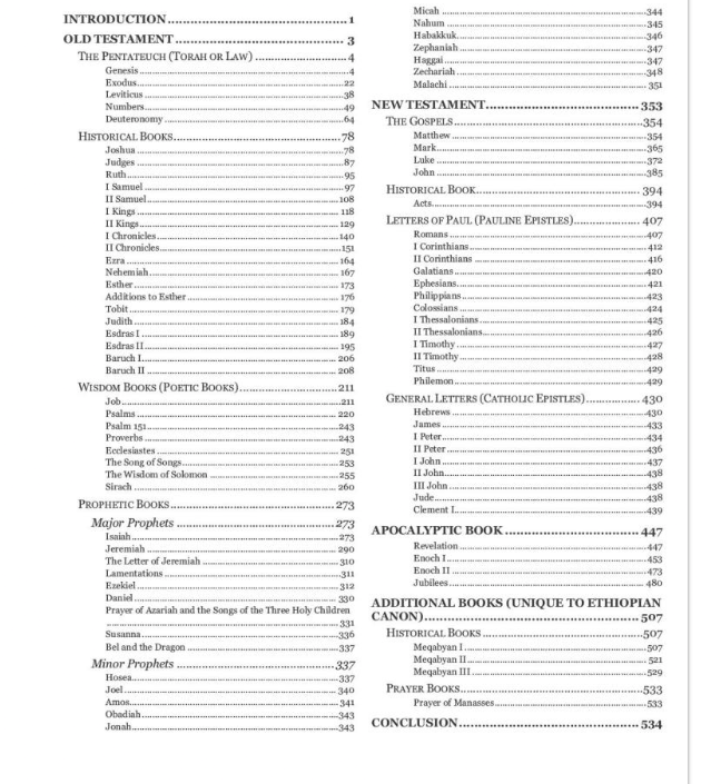 Table of contents showing standard OT and NT books with only 37 pages of Ethiopian-unique content