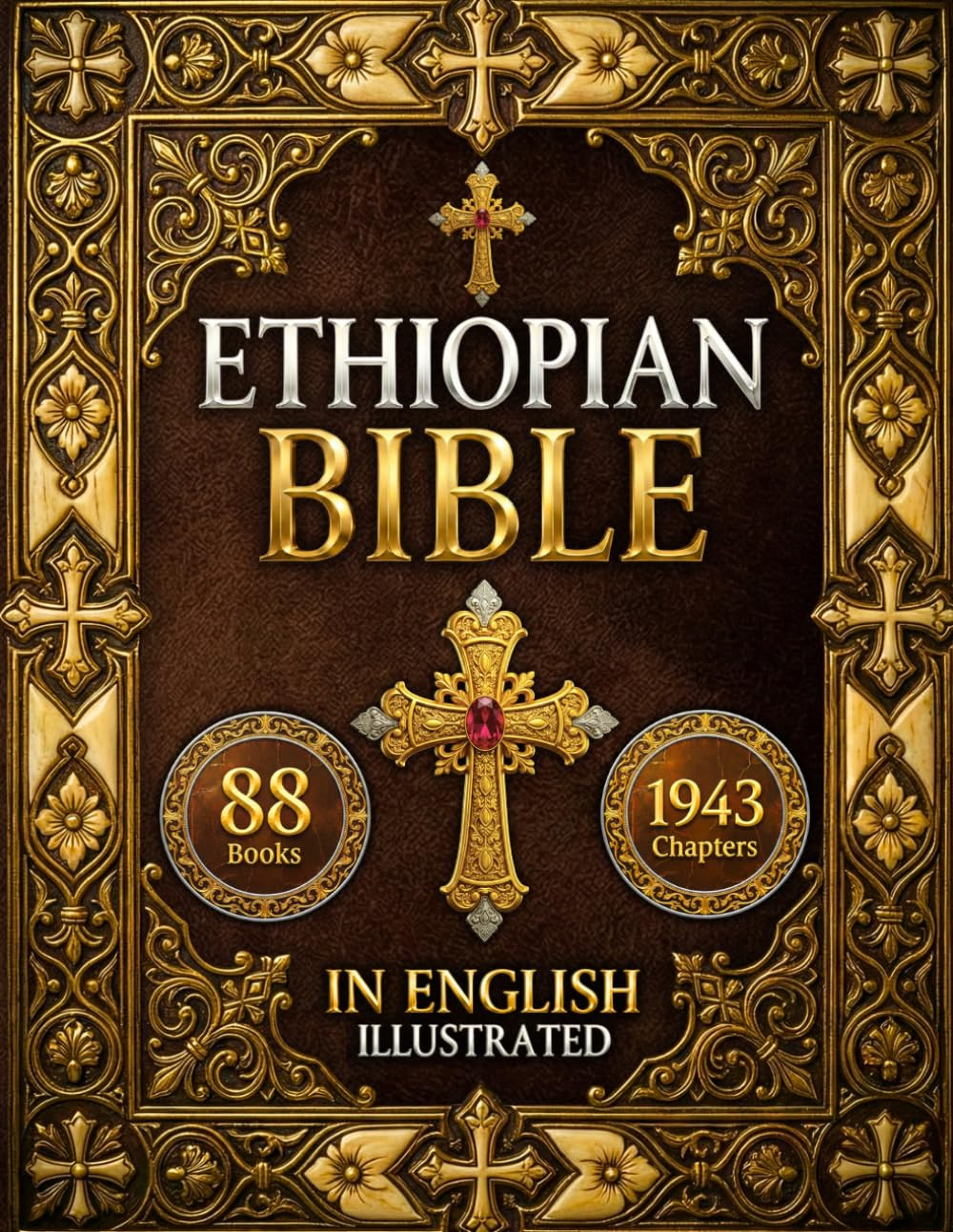 Ornate gold cover reading Ethiopian Bible, 88 Books, 1943 Chapters, In English, Illustrated