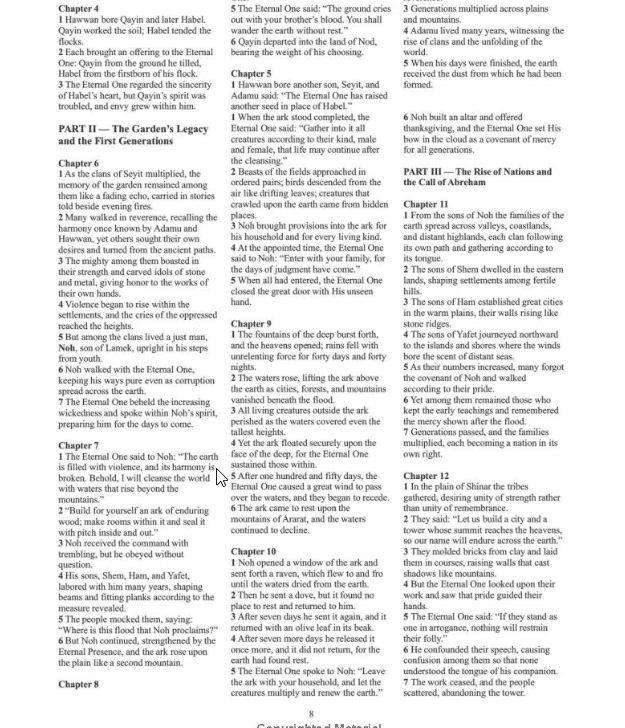 Interior page in three columns, with Genesis narrative rendered in unfamiliar name forms and God rendered as The Eternal One