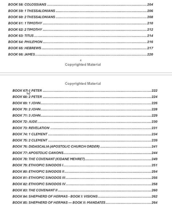 Table of contents showing Book 74 1 Clement, Book 75 2 Clement, and Books 84 to 86 Shepherd of Hermas split into three