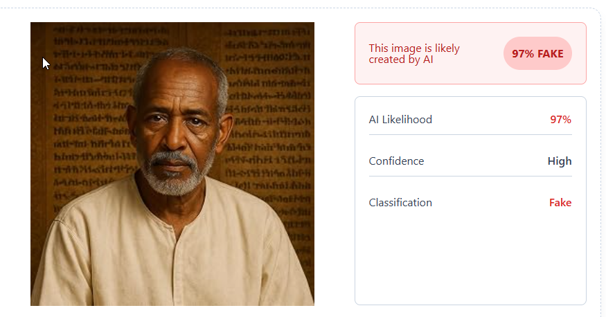 The author portrait beside an AI detection tool reporting 97 percent likelihood the image was generated