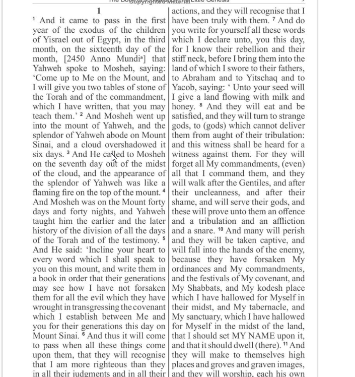 Sample page: two justified columns of continuous text with inline verse numbers and no paragraph breaks