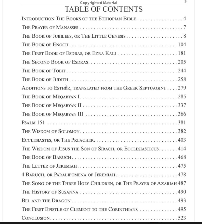 Table of contents listing 22 apocryphal texts, ending with 1 Clement on page 495 and Conclusion on page 523